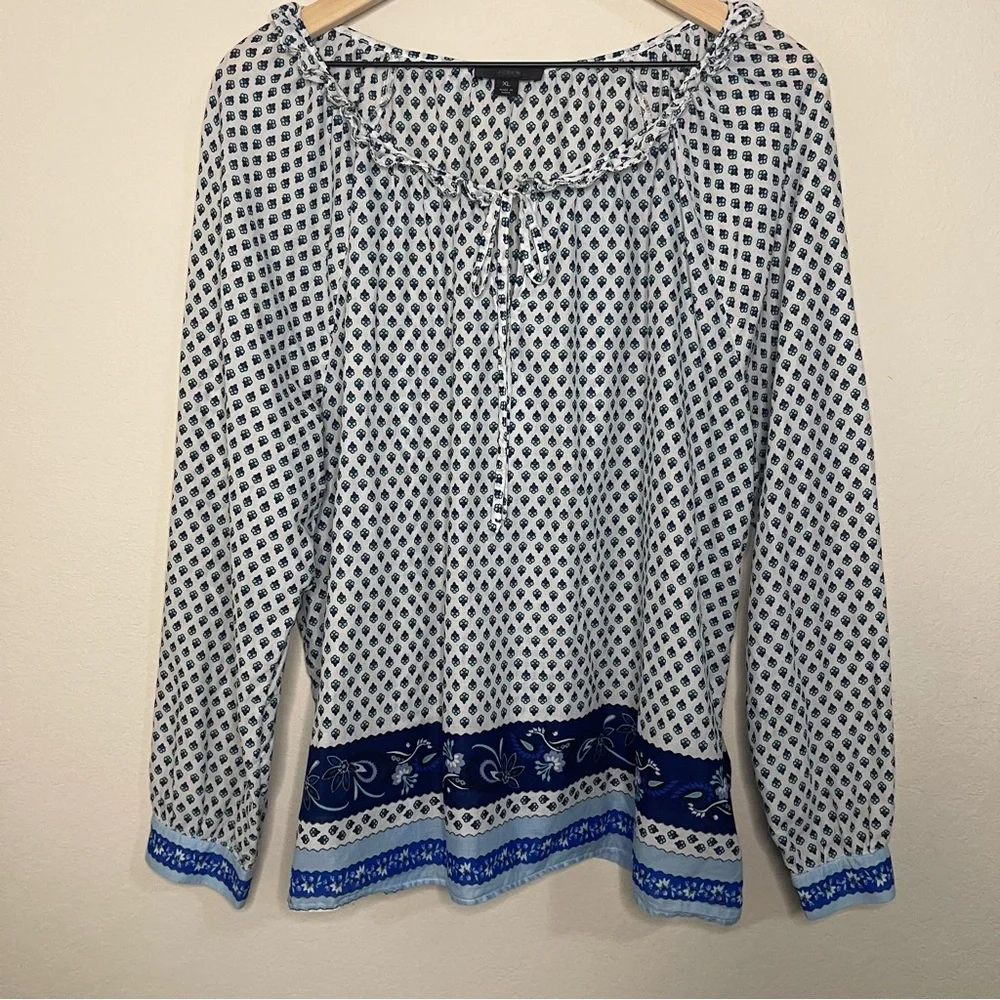 J. Crew White and Navy Printed Ruffle Peasant Top, & shorts